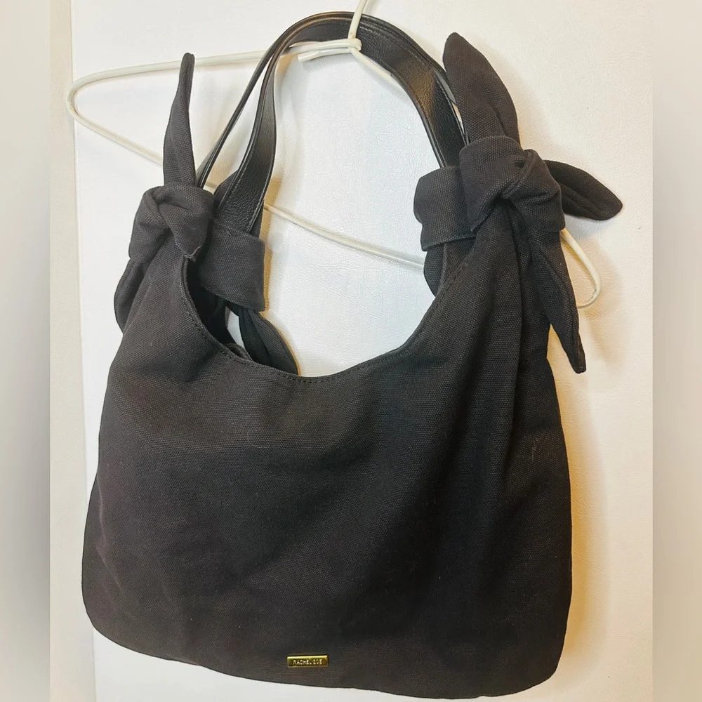 Rachel Zoe Black Fabric Double Strap Shoulder Bag w/ Knot Ties & Gold Hardware